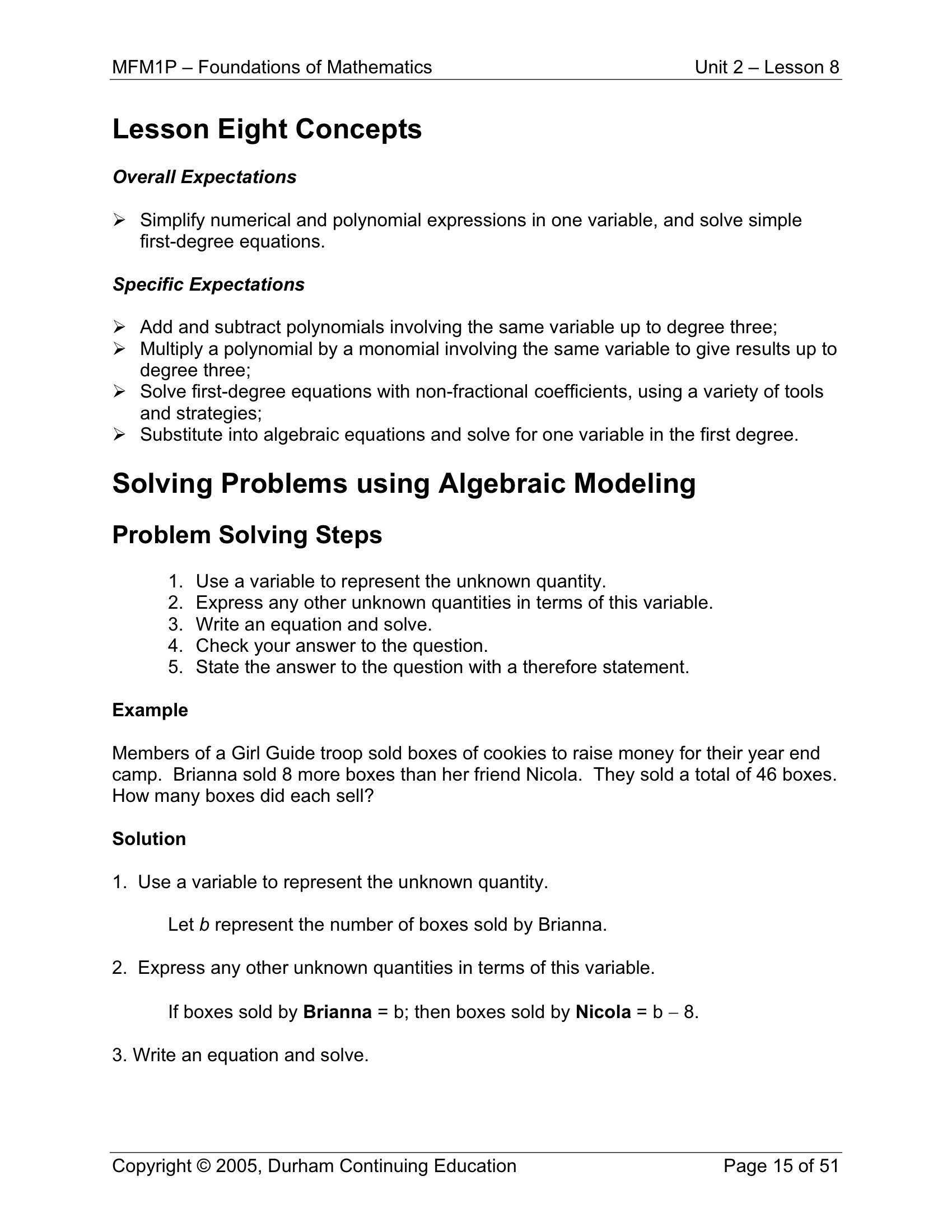 Grade 9 Applied Math 2 8 Problem Solving Algebraically 2